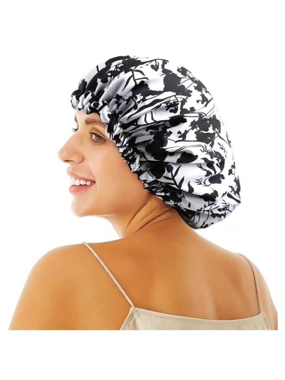Black White Floral Hair Bonnet